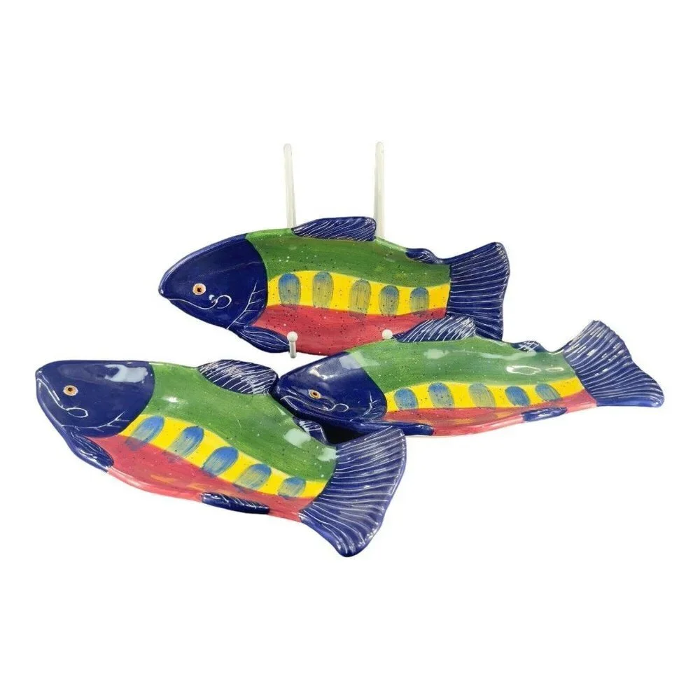 Julie Ueland Shorelines‎ Fish Salmon Dish Plate Ceramic Pottery 2000 Set 3